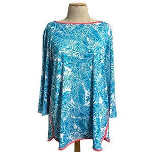 Ruby Rd. Tropical Leaf Print Tunic Womens XL White Blue 3/4 Sleeve